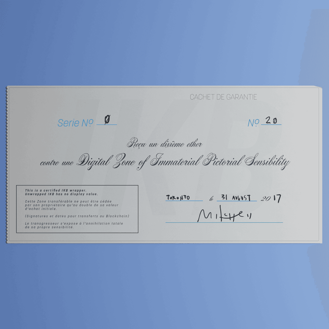 Digital Zone of Immaterial Pictorial Sensibility, Series 0, Edition 20. (Wrapped)